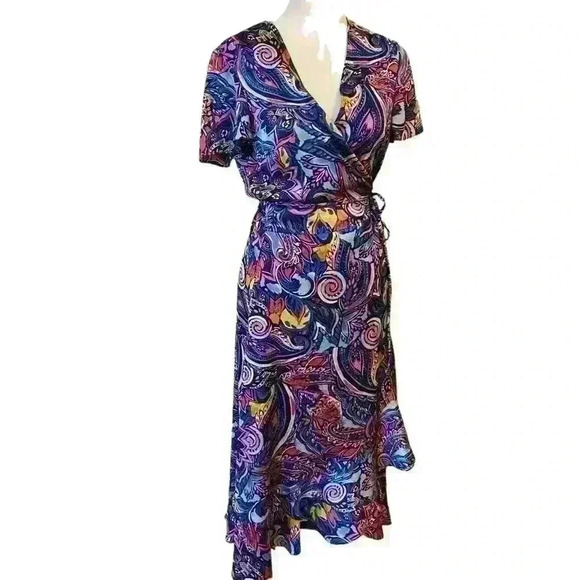 Laundry by Shelli Segal Womens Satin Wrap Dress Size 8 Multi colored Ruffle Hem - Picture 2 of 14